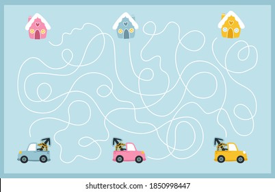 Christmas maze track game. Find the way of colored cars to their house. Board game for child development. Fun holidays. Vector hand-drawn cartoon illustrations in simple style. Pink palette