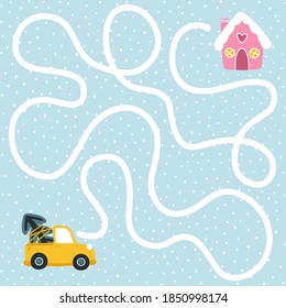 Christmas maze track game. Help the car get home in a blizzard. Board game for child development. Fun holidays. Vector hand-drawn cartoon illustrations in simple style. Pink palette.