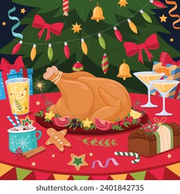 Christmas meal background. Festive xmas table poster, holidays meal, traditional holidays turkey, pastry and drinks flat vector illustration. Cartoon winter holidays card