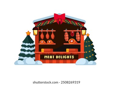 Christmas Meat Delicacies Kiosk, New Year holidays small shop on the market