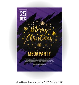 Christmas mega party poster template vector illustration eps 10. Trendy style with ink splash on purple background. Gold color typography hand drawn with sample text.