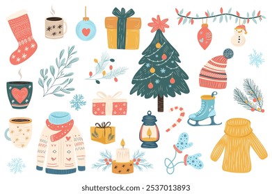 Navidades mega set Elementos en Diseño gráfico plano. Colección de objetos de calcetín, taza, pelota de juguete, regalo, árbol con decoración, guirnalda, sombrero, brunch de abeto, copos de nieve, suéteres, otros. Ilustración vectorial.