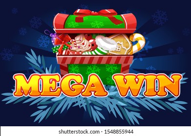 Christmas Mega Win. Screen background for 2D game and casino slots. Isolated object on separate layers.