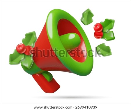 Christmas megaphone 3d icon render. Red and green holiday sale concept three dimensional vector illustration isolated on white.