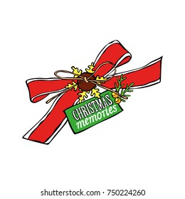 Christmas memories. Red ribbon. Snowflake. Isolated vector object on white background.