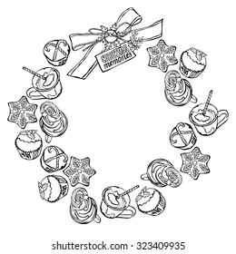 Christmas memories. Christmas sweets: cupcakes, hot chocolate and
cookies. Christmas decorations. Frame - wreath. Winter pattern. Christmas coffee. Coffee. 