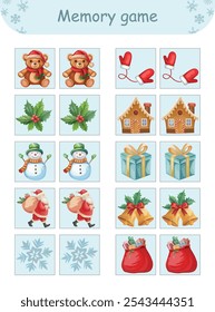 Christmas memory game for kids, featuring holiday icons like bear, gloves, Santa, and presents for interactive learning and festive fun.