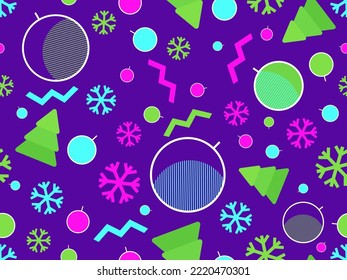 La Navidad se caracteriza por un patrón impecable con copos de nieve y decoraciones navideñas y formas geométricas al estilo de los años 80. Fondo festivo para tarjetas de felicitación, papel envolvente y banners. Ilustración del vector