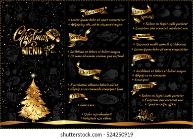 Christmas menu & calligraphy. sketch food, drinks, desserts, decorations, gifts. gold on black, glitter, shine. isolated vector. menu template 4 restaurants & cafes