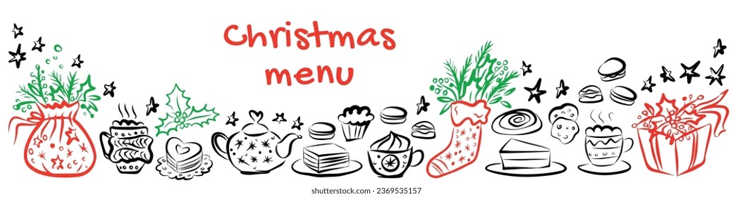 Carta de menú de Navidad - taza de Navidad, bebida caliente, postres, holly, bola, tetera, calcetín de Navidad, caja de regalo sobre fondo blanco. Estilo dibujado a mano. Ilustración vectorial. Feliz Navidad. 