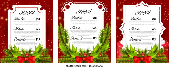 Christmas menu card set with sparkles, fir tree branches, mistletoe, bow on red background. Vector illustration for festive posters, flyers, leaflets