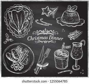 Christmas menu chalk meal elements, holiday menu - turkey, pudding, eggnog, sweet potato. Vector hand drawn illustration