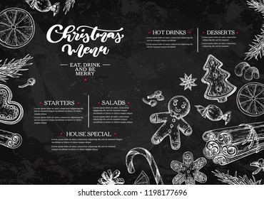 Christmas menu. Chalkboard restaurant and cafe template Vector hand drawn illustration with  pine cone, gingerbread man cookies, fir tree, candy and spices. Engraved traditional xmas food.