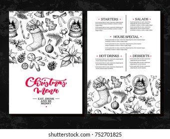 Christmas menu.  Chalkboard restaurant and cafe template. Vector hand drawn illustration with holly, mistletoe, poinsettia, pine cone, cotton, fir tree. Engraved traditional xmas botanical decoration.