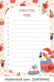 Christmas menu design in flat style. A funny dog ​​in a New Year's sweater with reindeer decorates the menu. Background with holiday drinks. Vector cartoon