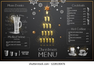 Christmas menu design with golden champagne glasses. Restaurant menu. Pyramid of champagne glasses