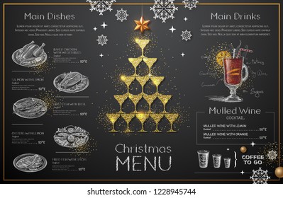 Christmas menu design with golden champagne glasses. Restaurant menu. Pyramid of champagne glasses