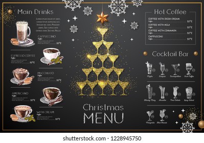 Christmas menu design with golden champagne glasses. Restaurant menu. Pyramid of champagne glasses