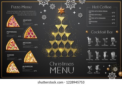 Christmas menu design with golden champagne glasses. Restaurant menu. Pyramid of champagne glasses