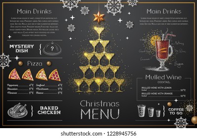 Christmas menu design with golden champagne glasses. Restaurant menu. Pyramid of champagne glasses