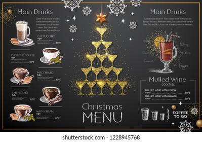 Christmas menu design with golden champagne glasses. Restaurant menu. Pyramid of champagne glasses