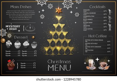Christmas menu design with golden champagne glasses. Restaurant menu. Pyramid of champagne glasses