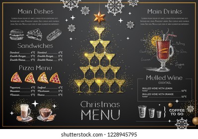 Christmas menu design with golden champagne glasses. Restaurant menu. Pyramid of champagne glasses