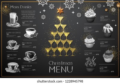 Christmas menu design with golden champagne glasses. Restaurant menu. Pyramid of champagne glasses