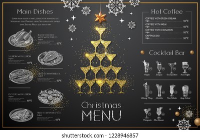 Christmas menu design with golden champagne glasses. Restaurant menu. Pyramid of champagne glasses