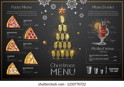 Christmas menu design with golden champagne glasses. Restaurant menu. Pyramid of champagne glasses