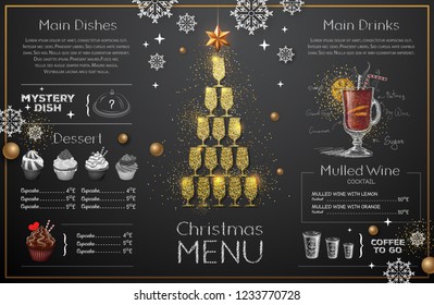 Christmas menu design with golden champagne glasses. Restaurant menu. Pyramid of champagne glasses