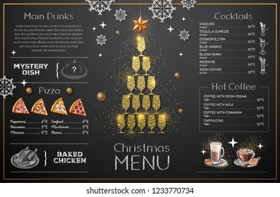 Christmas menu design with golden champagne glasses. Restaurant menu. Pyramid of champagne glasses