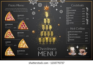 Christmas menu design with golden champagne glasses. Restaurant menu. Pyramid of champagne glasses