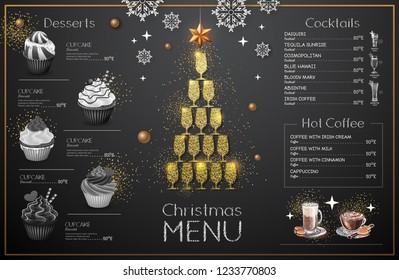 Christmas menu design with golden champagne glasses. Restaurant menu. Pyramid of champagne glasses