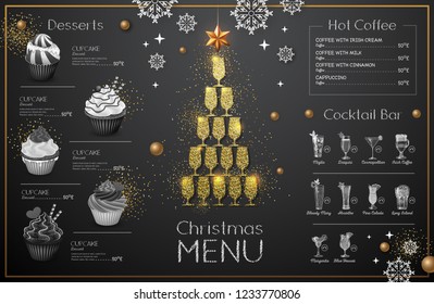Christmas menu design with golden champagne glasses. Restaurant menu. Pyramid of champagne glasses