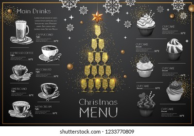 Christmas menu design with golden champagne glasses. Restaurant menu. Pyramid of champagne glasses