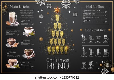 Christmas menu design with golden champagne glasses. Restaurant menu. Pyramid of champagne glasses