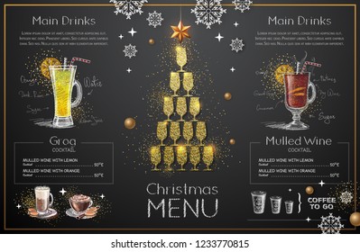 Christmas menu design with golden champagne glasses. Restaurant menu. Pyramid of champagne glasses