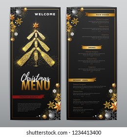 Christmas menu design with golden champagne bottles. Restaurant menu. Pyramid of champagne bottles