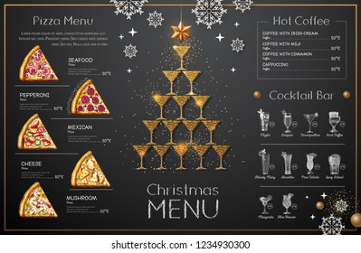 Christmas menu design with golden champagne glasses. Restaurant menu. Pyramid of champagne glasses