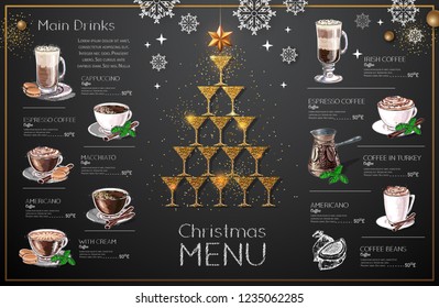 Christmas menu design with golden champagne glasses. Restaurant menu. Pyramid of champagne glasses