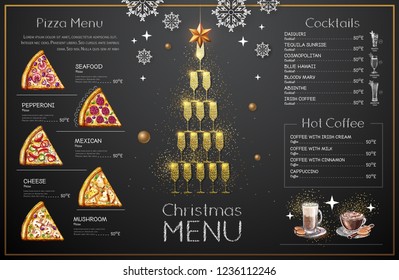 Christmas menu design with golden champagne glasses. Restaurant menu. Pyramid of champagne glasses