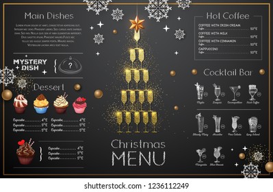 Christmas menu design with golden champagne glasses. Restaurant menu. Pyramid of champagne glasses