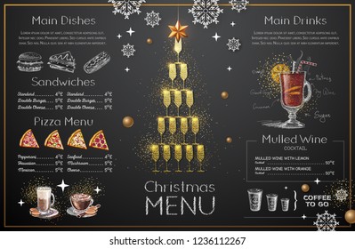 Christmas menu design with golden champagne glasses. Restaurant menu. Pyramid of champagne glasses