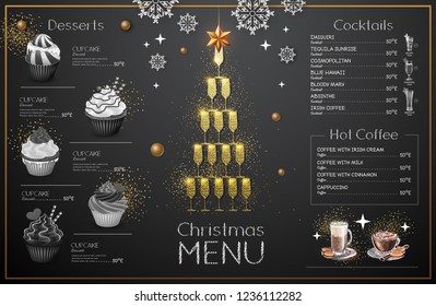 Christmas menu design with golden champagne glasses. Restaurant menu. Pyramid of champagne glasses