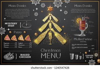 Christmas menu design with golden champagne glasses. Restaurant menu. Pyramid of champagne glasses