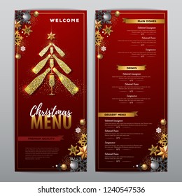 Christmas menu design with golden champagne bottles. Restaurant menu. Pyramid of champagne bottles