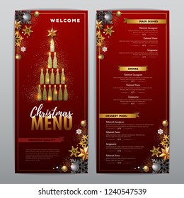 Christmas menu design with golden champagne bottles. Restaurant menu. Pyramid of champagne bottles