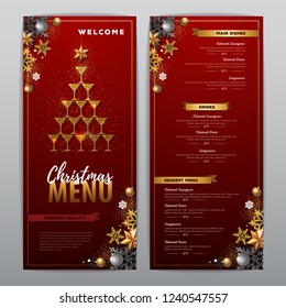 Christmas menu design with golden champagne glasses. Restaurant menu. Pyramid of champagne glasses