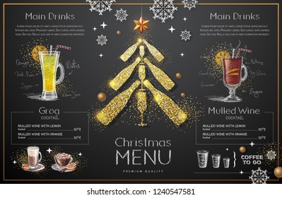 Christmas menu design with golden champagne glasses. Restaurant menu. Pyramid of champagne glasses